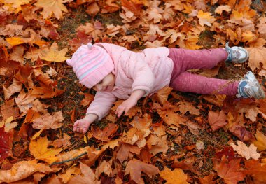 Sonbahar parkında düşen yapraklara uzanmış bir çocuk. Güzel doğa, sarı yapraklı ağaçlar..