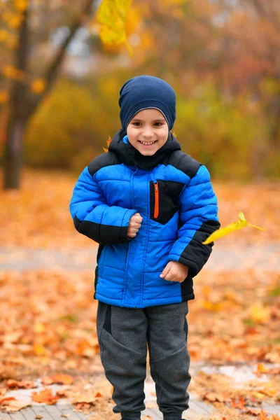 Portrét Malého Chlapce Podzimním Městském Parku Krásná Příroda Stromy Žlutými — Stock fotografie