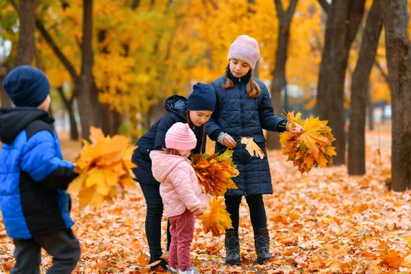 Crianças Brincando Com Folhas Bordo Amarelas Parque Cidade Outono Temporada — Fotografia de Stock