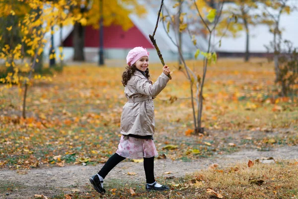 一个女孩走在秋天公园的小径上 一个快乐的孩子在用树枝玩耍和大笑 — 图库照片