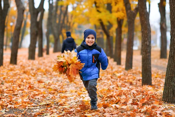 Kinder Laufen Herbstlichen Stadtpark Schöne Natur Bäume Mit Gelben Blättern — Stockfoto