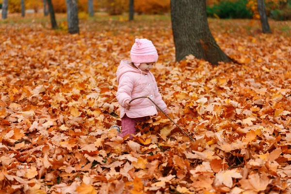 Ein Mädchen Sitzt Auf Umgefallenen Blättern Herbstlichen Stadtpark Schöne Natur — Stockfoto