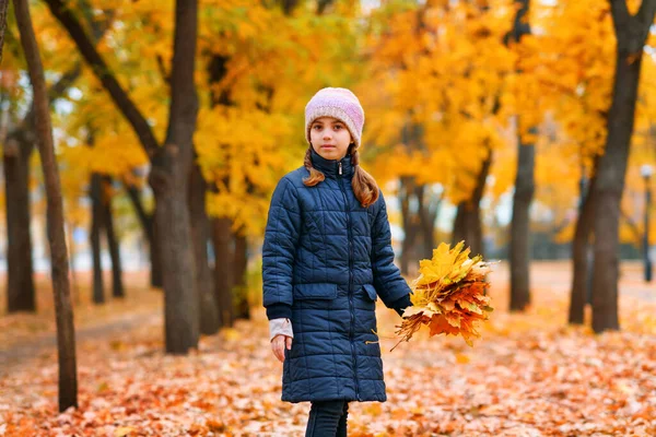 Portret Dziewczynki Spacerującej Jesiennym Parku Miejskim Piękna Natura Drzewa Żółtymi — Zdjęcie stockowe