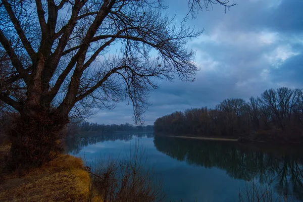 Eine Schöne Herbstlandschaft Abend Wald Mit Fluss Und Wolkenverhangenem Himmel — Stockfoto