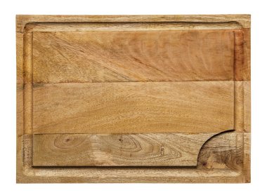 Bir ahşap mutfak kesme tahtası, beyaz arka planda izole edilmiş nesnenin gerçek fotoğrafı, üst manzara.