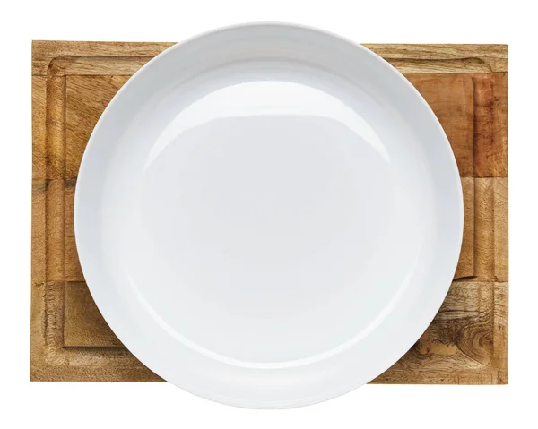 Jeden Bílý Talíř Nebo Miska Dřevěné Kuchyňské Řezací Desce Detailní — Stock fotografie