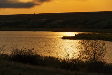 Günbatımında vahşi doğa, koyu gölgeli altın rengi, sonbaharın sonlarında, göl, kuru çimenler, yapraksız ağaçların çıplak dalları, bulutlu hava