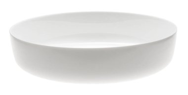 beyaz arka planda bir yuvarlak beyaz tabak ya da tabak büyük ve detaylı, izole nesnenin gerçek fotoğrafı, yan görünüm