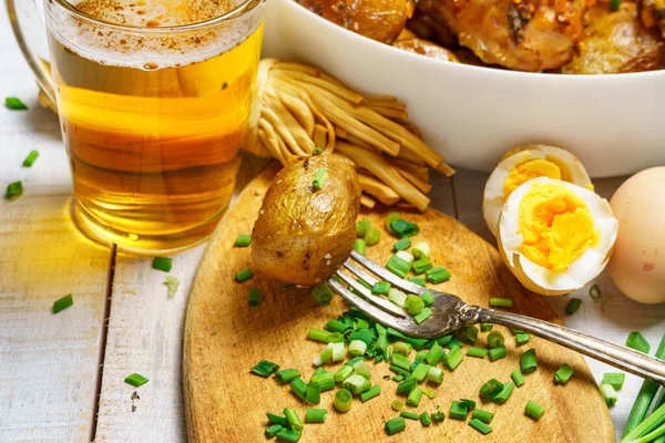 Lunch Rural Style Tasty Food Glass Beer Fried Chicken Meat — Stock Photo, Image