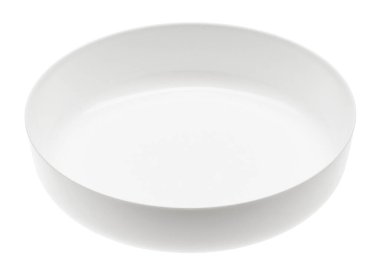 Beyaz arka planda bir yuvarlak beyaz tabak ya da büyük tabak, izole edilmiş nesnenin gerçek fotoğrafı.