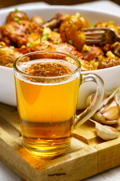 Tasty Lunch Rural Style Healthy Food Glass Beer Fried Chicken — Stock Photo, Image