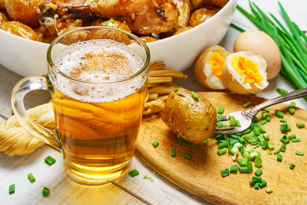 Lunch Rural Style Tasty Food Glass Beer Fried Chicken Meat — Stock Photo, Image