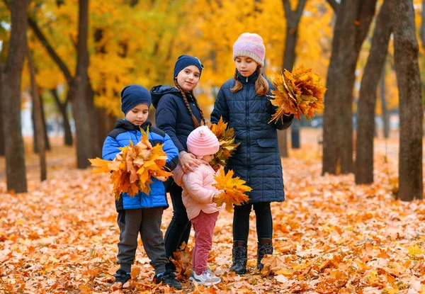 Children Playing Yellow Maple Leaves Autumn City Park Fall Season — Stock Photo, Image
