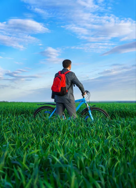 Businessman Looks Distance Standing Backpack Bicycle Green Grass Field Dressed — Stock Photo, Image