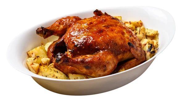 Grillowane Mięso Kurczaka Pieczone Ziemniaki Smaczne Jedzenie Izolowane Białym Tle — Zdjęcie stockowe