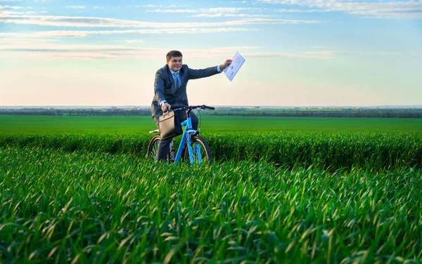 Businessman Dressed Business Suit Rides Bicycle Green Grass Field Has — Stock Photo, Image