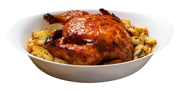 Grillowane Mięso Kurczaka Pieczone Ziemniaki Smaczne Jedzenie Izolowane Białym Tle — Zdjęcie stockowe