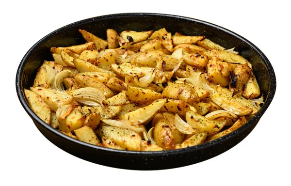 油锅中的烤土豆 一个以白色为背景隔离的物体 图库图片