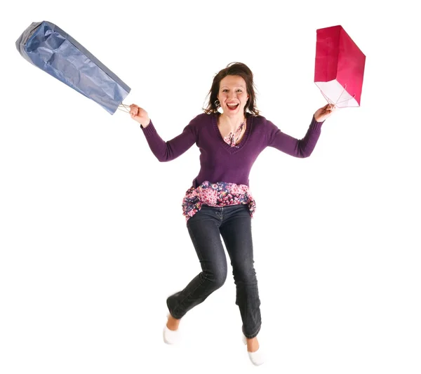 Shopping girl jump — Stock Photo, Image