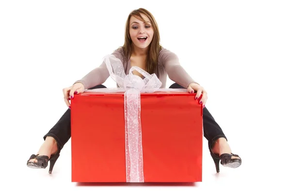 Woman big present — Stock Photo, Image