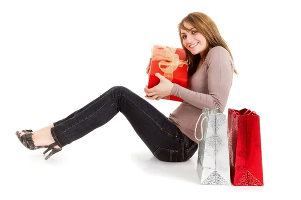 Woman holding present — Stock Photo, Image