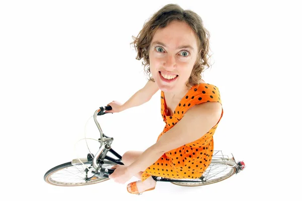 Wide angle woman bicycle — Stock Photo, Image