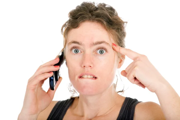Σοκαρισμένος γυναίκα στο τηλέφωνο — Φωτογραφία Αρχείου