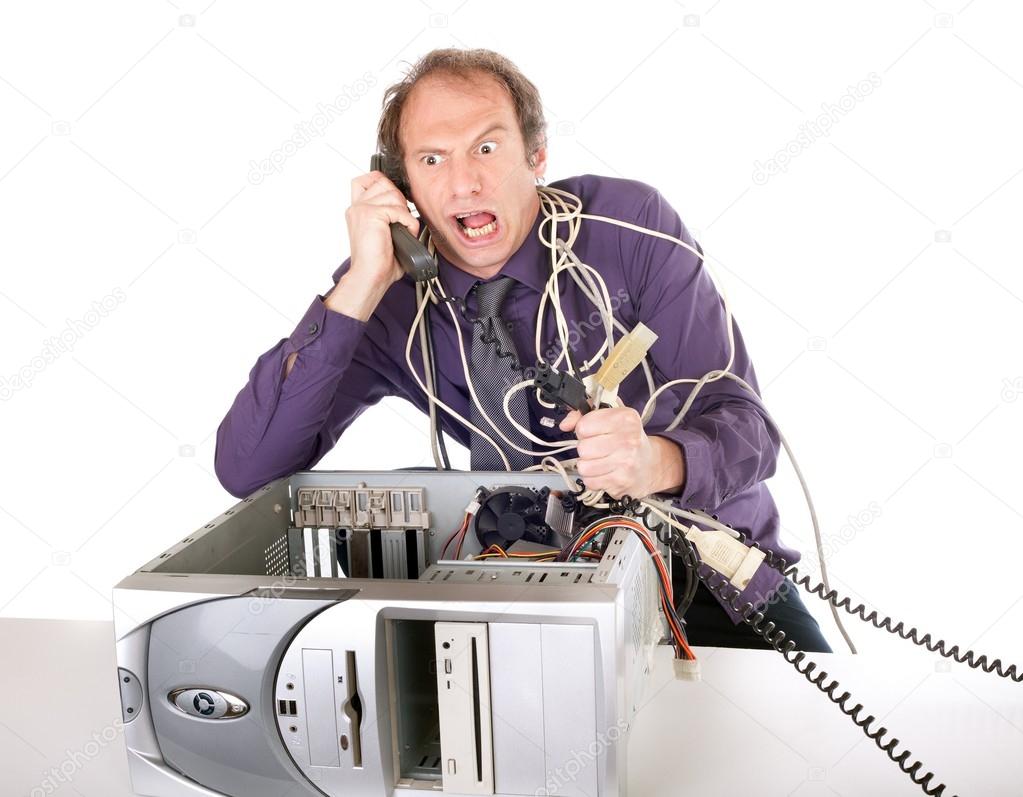 businessman fighting with technology