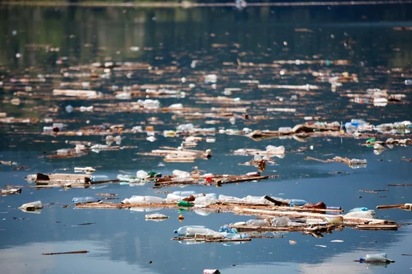 Bellissimo paesaggio rovinato dall'inquinamento dei rifiuti, lago Bicaz, Romania — Foto Stock