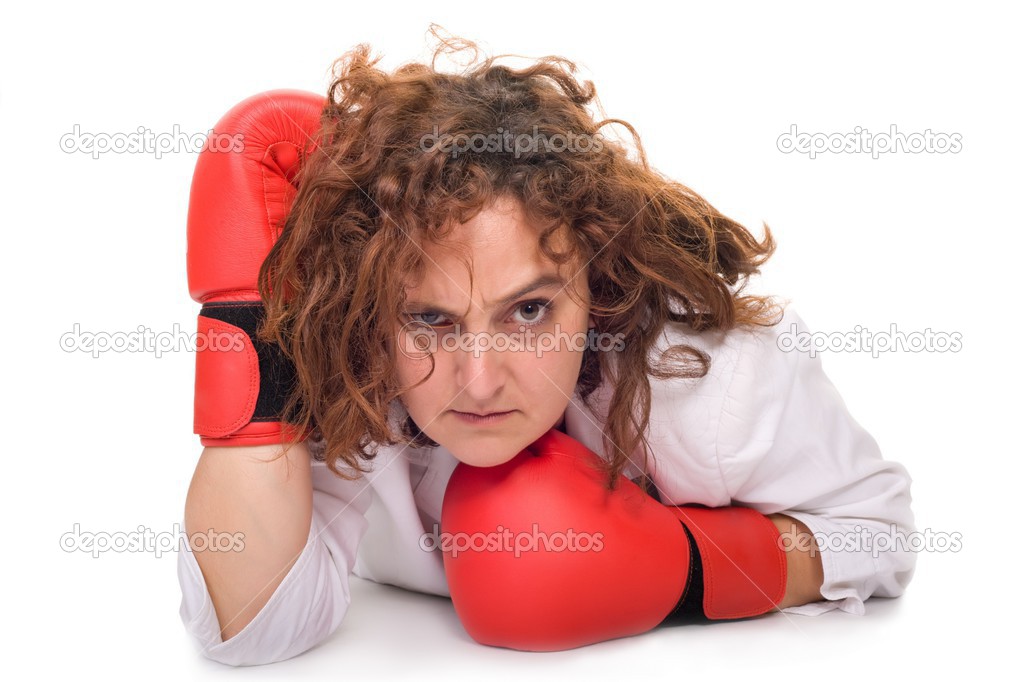boxing businesswoman on floor
