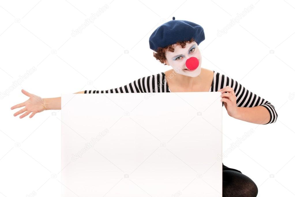 Pretty clown woman holding blank billboard isolated on white background