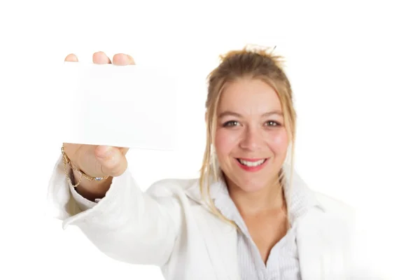 Business woman holding card — Stock Photo, Image
