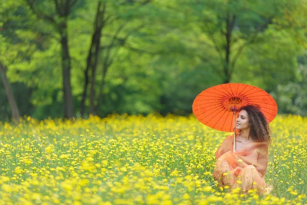 Beautiful woman holding a parasol in a meadow — Stock Photo, Image