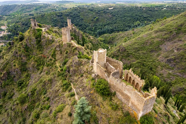 Fotografia Aérea Lastours Ruínas Castelo Medieval Construído Pelos Cátaros Departamento — Fotografia de Stock