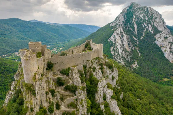 Luftaufnahme Der Mittelalterlichen Burg Puilaurens Und Des Canigou Berges Den — Stockfoto