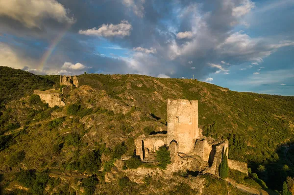Aerial Shot Lastours Ruinas Del Castillo Medieval Construido Por Los —  Fotos de Stock