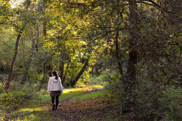 Mujer Joven Caminando Sola Bosque Clima Templado — Foto de Stock