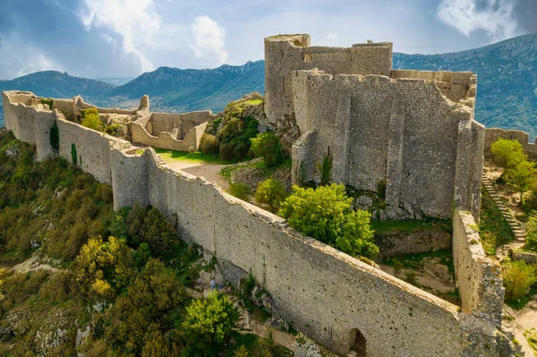 Letecký Záběr Středověkého Katarského Hradu Peyrepertuse Jižní Francii — Stock fotografie