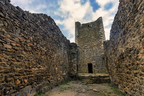 Ruïnes Van Het Franse Middeleeuwse Katharenkasteel Lastours Aude Frankrijk — Stockfoto