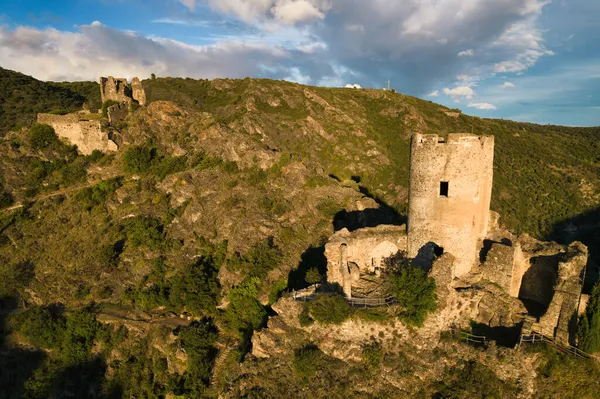 Fotografia Aérea Lastours Ruínas Castelo Medieval Construído Pelos Cátaros Departamento — Fotografia de Stock