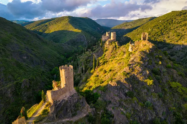 Aerial Shot Lastours Ruinas Del Castillo Medieval Construido Por Los —  Fotos de Stock