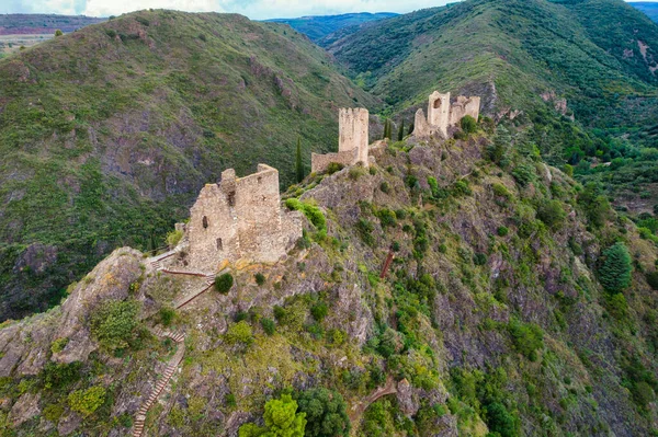 Fotografia Aérea Lastours Ruínas Castelo Medieval Construído Pelos Cátaros Departamento — Fotografia de Stock