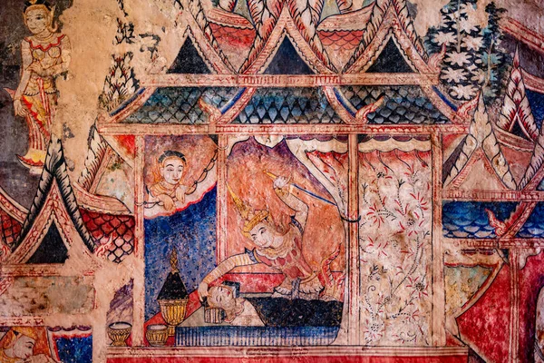 Детали Старой Настенной Живописи Показывающей Жизнь Будды Храме Ват Пхра — стоковое фото
