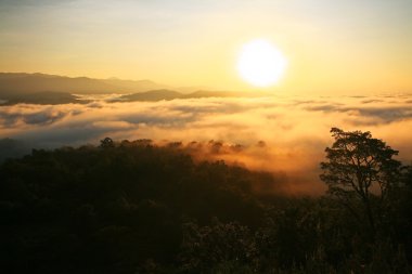Sunrise dağ ve sis üzerinde