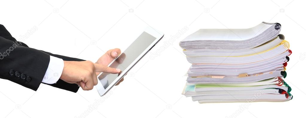 Stack paper folders and finger pointing to tablet isolated 