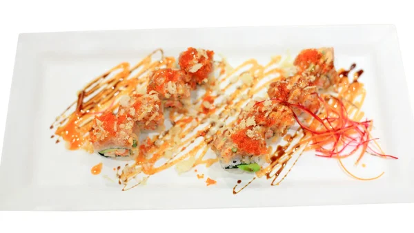 Tuna and Salmon sushi roll with spicy sauce — Stock Photo, Image