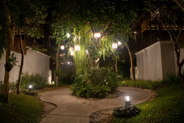 Beco Pedestre Decorado Com Muitas Luzes Árvores Parque Noite — Fotografia de Stock