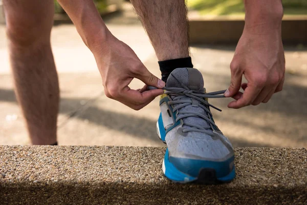 Man Tie Running Shoes Shoelace Sunset Light Getting Ready Run — Stock Photo, Image