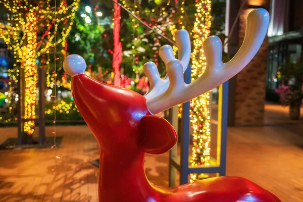 Closeup Red Reindeer Decoration Colorful Light Garden Night Christmas 2022 — Stock Photo, Image