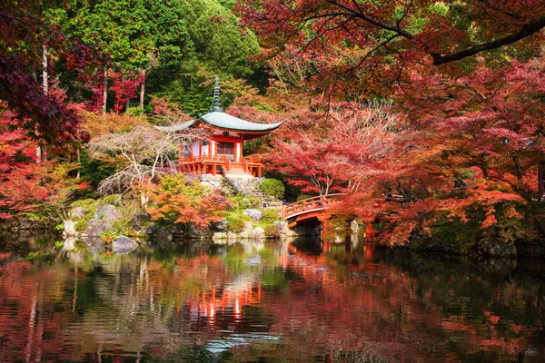 나뭇잎 단풍나무 색깔을 교토에서는 가을에 연못에 하늘을 반사하는 간사이에 명승지나 — 스톡 사진